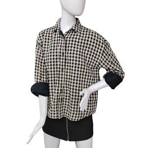 Knowledge Cotton Apparel Gingham Button Down Shirt Size Medium Beige and Black